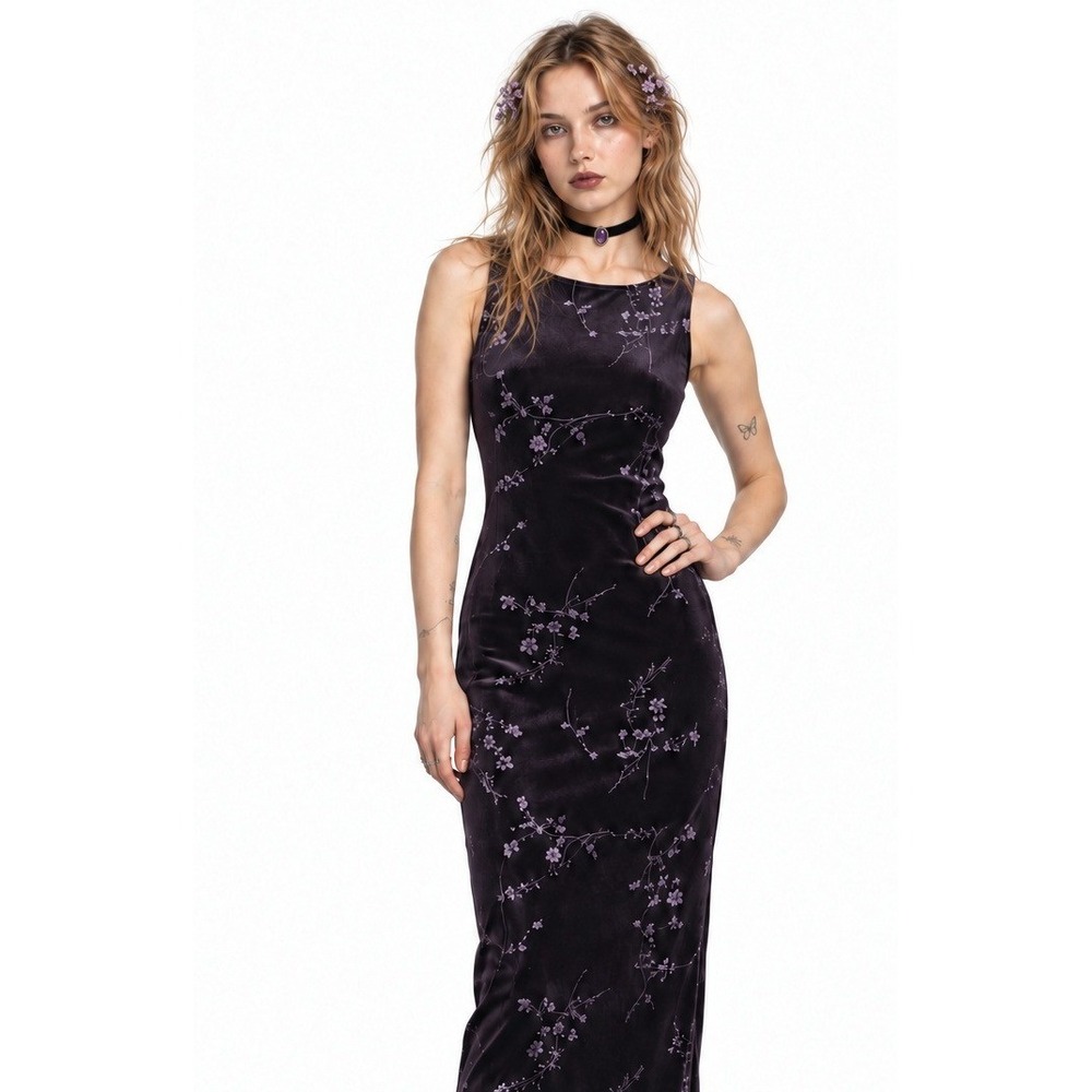 Whimsigoth Glitter Velvet Byer Too Maxi Dress Sleeveless Medium Purple Vintage - Picture 2 of 8